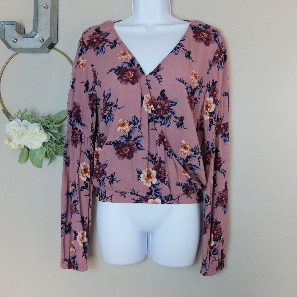 American Eagle Outfitters Mauve Floral Long Sleeves Cropped Top Size XS